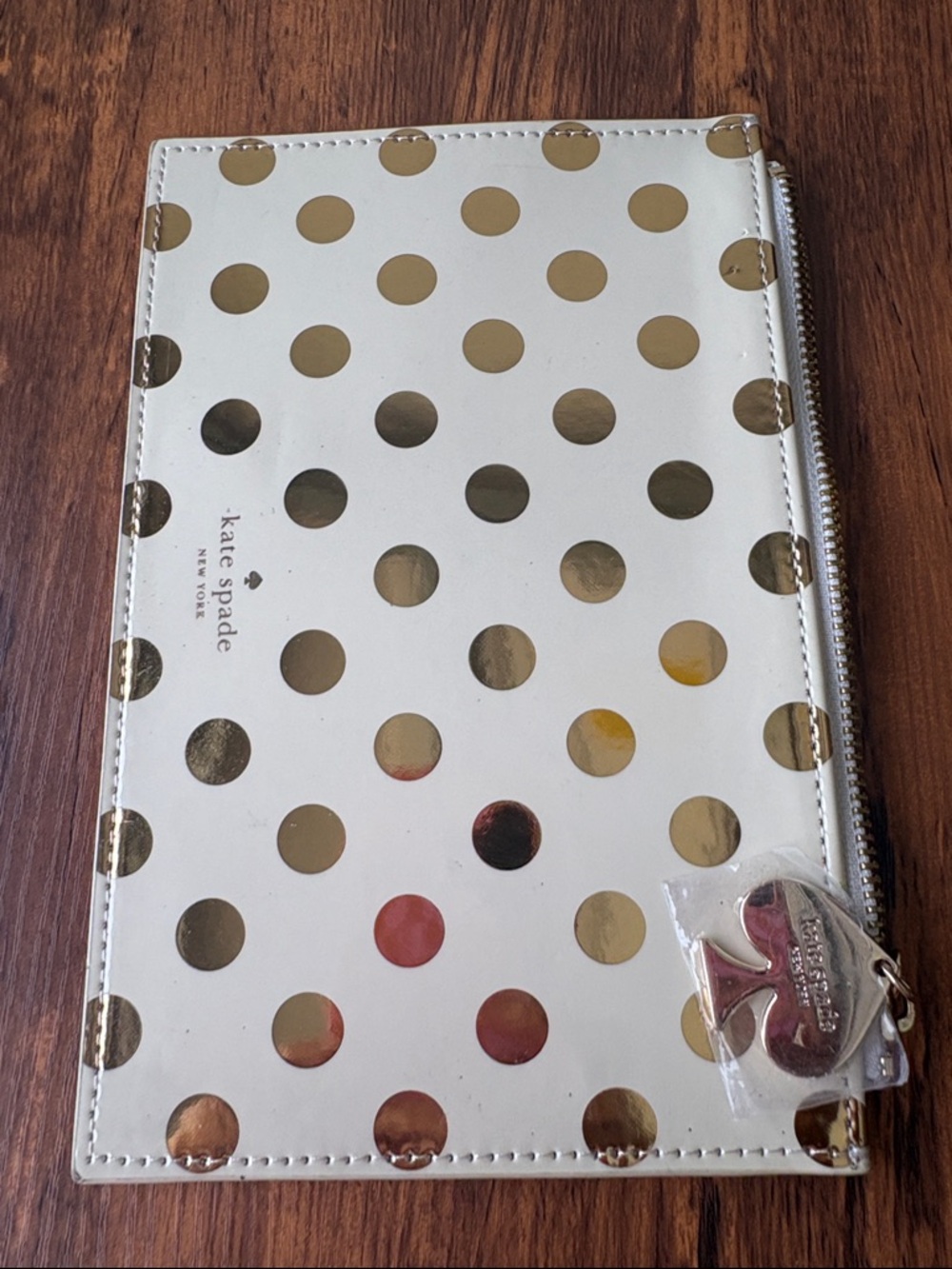 NWOT. KATE SPADE PENCIL POUCH GOLD POLKA DOTS